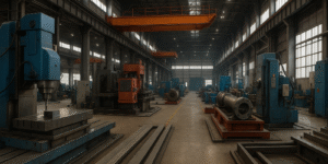 Interior pabrik modern dengan mesin industri besar dan crane oranye, merepresentasikan dinamika tren manufaktur PMI Indonesia di kawasan industri Cikarang–Karawang.