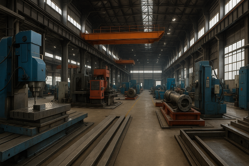 Interior pabrik modern dengan mesin industri besar dan crane oranye, merepresentasikan dinamika tren manufaktur PMI Indonesia di kawasan industri Cikarang–Karawang.