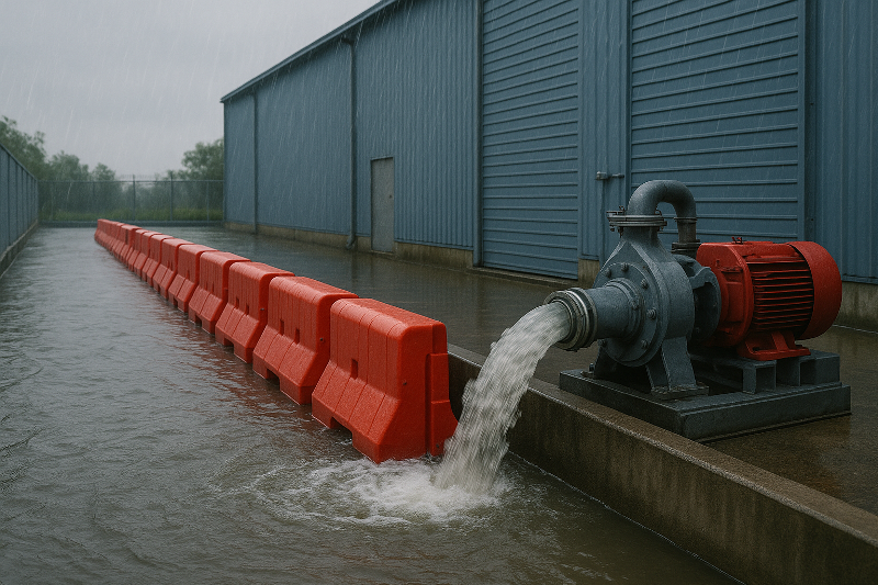 Sistem mitigasi banjir kawasan industri dengan pompa besar berwarna abu-abu dan merah yang membuang air ke saluran drainase, dikelilingi barrier merah dalam suasana hujan deras di area industri.