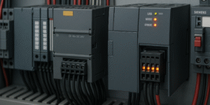 Detail close-up panel kontrol industri menampilkan migrasi PLC S7 ke modern, kontras antara modul lama dan baru Siemens dengan kabel berwarna merah dan abu-abu, menonjolkan suasana modernisasi sistem otomasi.