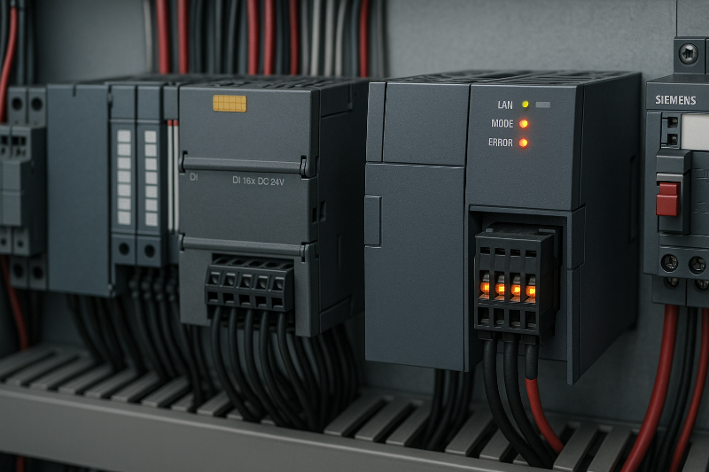 Detail close-up panel kontrol industri menampilkan migrasi PLC S7 ke modern, kontras antara modul lama dan baru Siemens dengan kabel berwarna merah dan abu-abu, menonjolkan suasana modernisasi sistem otomasi.