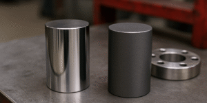 Perbandingan hard chrome anodizing ditampilkan melalui dua silinder logam, satu berlapis krom mengkilap dan satu dengan hasil anodisasi matte abu-abu, diletakkan di atas meja industri dengan aksen merah samar.