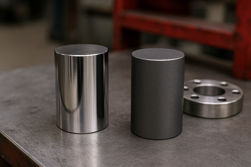Perbandingan hard chrome anodizing ditampilkan melalui dua silinder logam, satu berlapis krom mengkilap dan satu dengan hasil anodisasi matte abu-abu, diletakkan di atas meja industri dengan aksen merah samar.